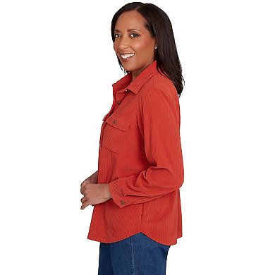 Petite Alfred Dunner Plush Ribbed Oversized Button Front Top