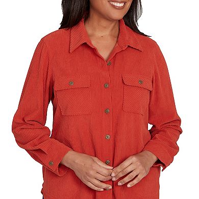 Petite Alfred Dunner Plush Ribbed Oversized Button Front Top