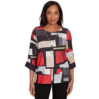 Petite Alfred Dunner Knit Colorblock Top with Necklace