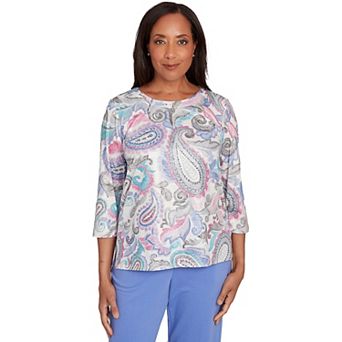 Petite Alfred Dunner Pleated Paisley Crew Neck Top