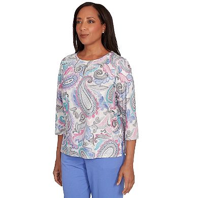 Petite Alfred Dunner Pleated Paisley Crew Neck Top