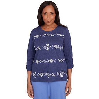 Petite Alfred Dunner Embroidered Scroll Ruched Sleeve Top