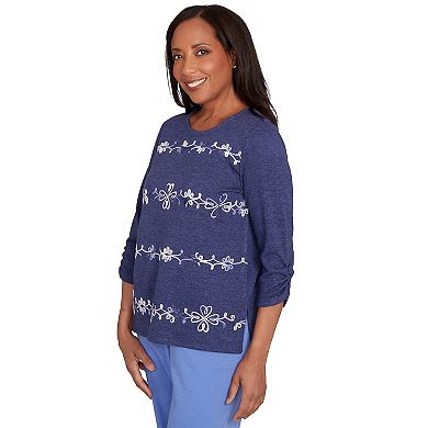 Petite Alfred Dunner Embroidered Scroll Ruched Sleeve Top