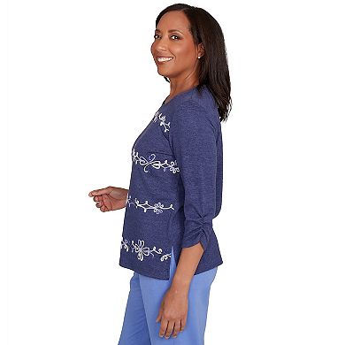 Petite Alfred Dunner Embroidered Scroll Ruched Sleeve Top