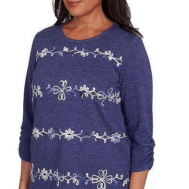 Petite Alfred Dunner Embroidered Scroll Ruched Sleeve Top