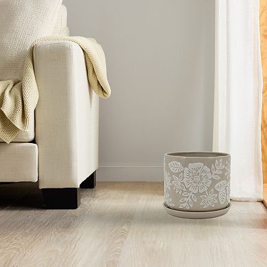 Everyday Decor Small Floral Embossed Ceramic Planter