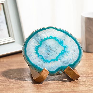 Luxury Lane Large Natural Brazilian Agate Drink Coaster with Wood Holder