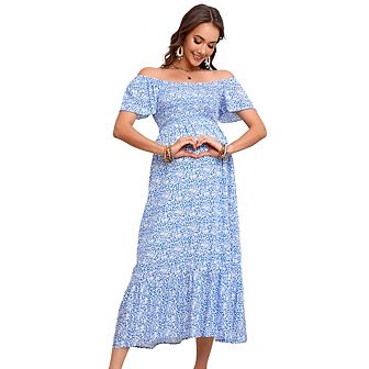 Maternity Dress Summer Ruffle Short Sleeve Square Neck Smocked Midi Dress Baby Shower Photoshoot