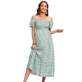 Maternity Dress Summer Ruffle Short Sleeve Square Neck Smocked Midi Dress Baby Shower Photoshoot
