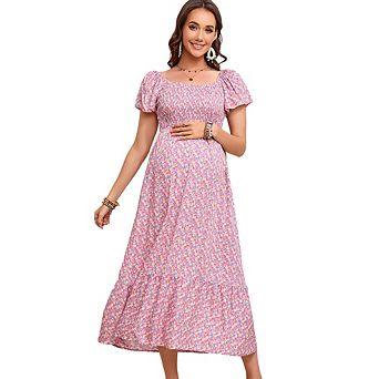 Maternity Dress Summer Ruffle Short Sleeve Square Neck Smocked Midi Dress Baby Shower Photoshoot