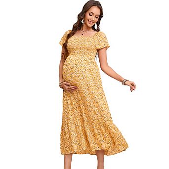 Maternity Dress Summer Ruffle Short Sleeve Square Neck Smocked Midi Dress Baby Shower Photoshoot