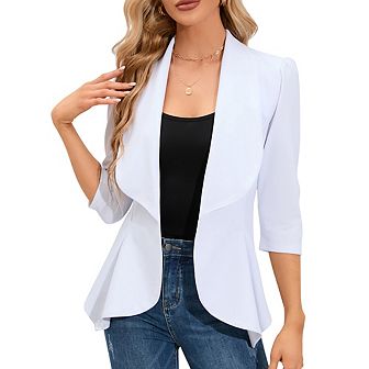 Womens Casual Blazer 3/4 Puff Sleeve Open Front Ruffle Work Office Cardigan Suit Jacket