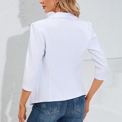Womens Casual Blazer 3/4 Puff Sleeve Open Front Ruffle Work Office Cardigan Suit Jacket