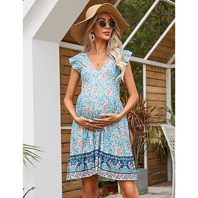 Maternity Dress Summer V Neck Ruffle Cap Sleeveless Bohemian Midi Dress Pockets for Baby Shower