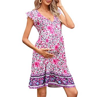 Maternity Dress Summer V Neck Ruffle Cap Sleeveless Bohemian Midi Dress Pockets for Baby Shower
