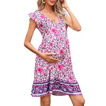 Maternity Dress Summer V Neck Ruffle Cap Sleeveless Bohemian Midi Dress Pockets for Baby Shower