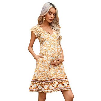 Maternity Dress Summer V Neck Ruffle Cap Sleeveless Bohemian Midi Dress Pockets for Baby Shower