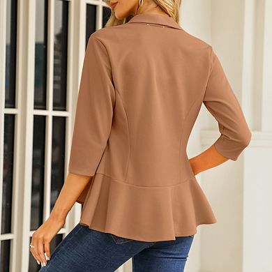 Womens Casual Blazer 3/4 Sleeve Open Front Ruffle Work Office Cardigan Suit Jacket