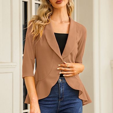 Womens Casual Blazer 3/4 Sleeve Open Front Ruffle Work Office Cardigan Suit Jacket
