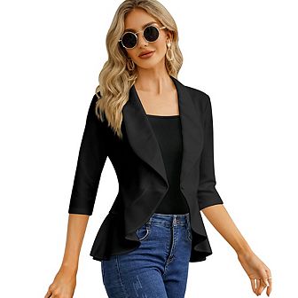 Womens Casual Blazer 3/4 Sleeve Open Front Ruffle Work Office Cardigan Suit Jacket