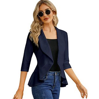 Womens Casual Blazer 3/4 Sleeve Open Front Ruffle Work Office Cardigan Suit Jacket