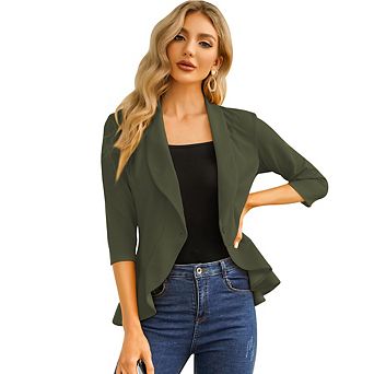 Womens Casual Blazer 3/4 Sleeve Open Front Ruffle Work Office Cardigan Suit Jacket