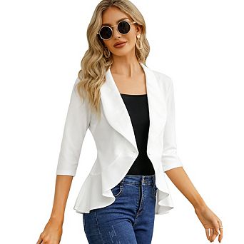 Womens Casual Blazer 3/4 Sleeve Open Front Ruffle Work Office Cardigan Suit Jacket
