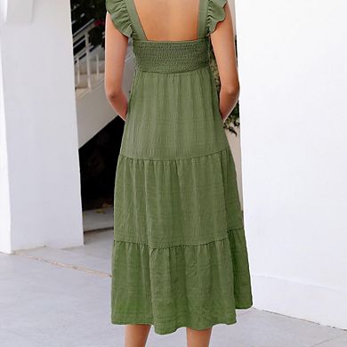 Maternity Dress Summer Sleeveless Smocked Square Neck Ruffle Midi Dress Baby Shower Photoshoot