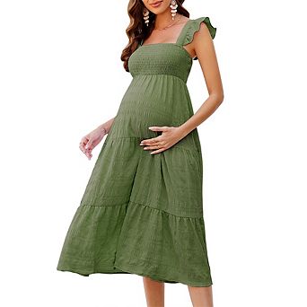 Maternity Dress Summer Sleeveless Smocked Square Neck Ruffle Midi Dress Baby Shower Photoshoot