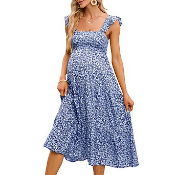 Maternity Dress Summer Sleeveless Smocked Square Neck Ruffle Midi Dress Baby Shower Photoshoot