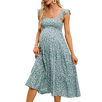 Maternity Dress Summer Sleeveless Smocked Square Neck Ruffle Midi Dress Baby Shower Photoshoot