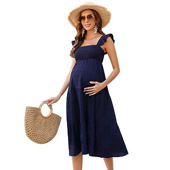 Maternity Dress Summer Sleeveless Smocked Square Neck Ruffle Midi Dress Baby Shower Photoshoot
