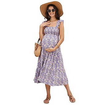 Maternity Dress Summer Sleeveless Smocked Square Neck Ruffle Midi Dress Baby Shower Photoshoot