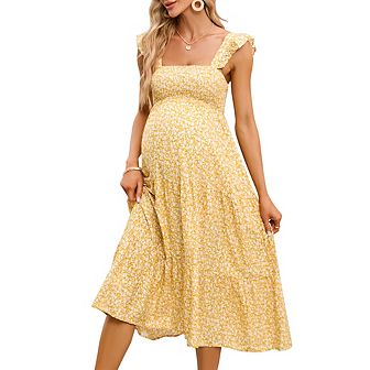 Maternity Dress Summer Sleeveless Smocked Square Neck Ruffle Midi Dress Baby Shower Photoshoot