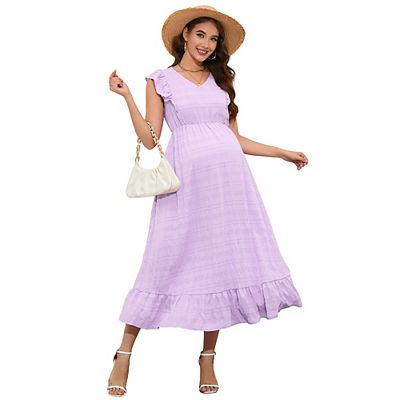 strapless open back dress PinkBlush Lavender Lace Mesh Overlay Maternity Maxi Dress main image 0