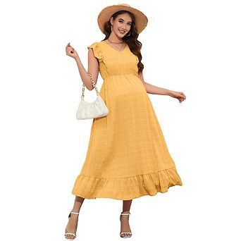 Maternity Dress Summer Ruffle Cap Sleeveless V Neck Maxi Dress Baby Shower Photoshoot