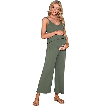 Womens Maternity Jumpsuit Sleeveless V Neck Ribbed Adjustable Strap Layered Front Wide Leg Overall