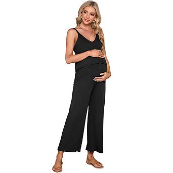 Womens Maternity Jumpsuit Sleeveless V Neck Ribbed Adjustable Strap Layered Front Wide Leg Overall