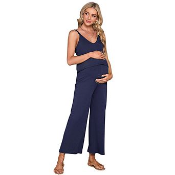 Womens Maternity Jumpsuit Sleeveless V Neck Ribbed Adjustable Strap Layered Front Wide Leg Overall