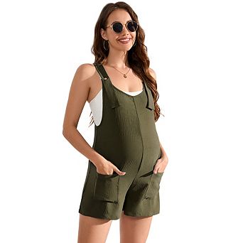 Maternity Overall Shorts Summer Casual Button Sleeveless Jumpsuits Romper with Pockets