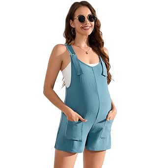 Maternity Overall Shorts Summer Casual Button Sleeveless Jumpsuits Romper with Pockets