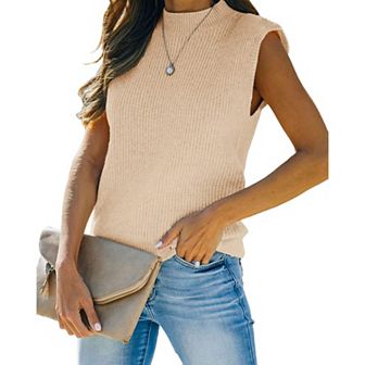 Women's Mock Neck Knit Sweater Vest Sleeveless Casual Trendy Summer Ribbed Pullover Tank Tops
