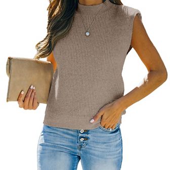 Women's Mock Neck Knit Sweater Vest Sleeveless Casual Trendy Summer Ribbed Pullover Tank Tops