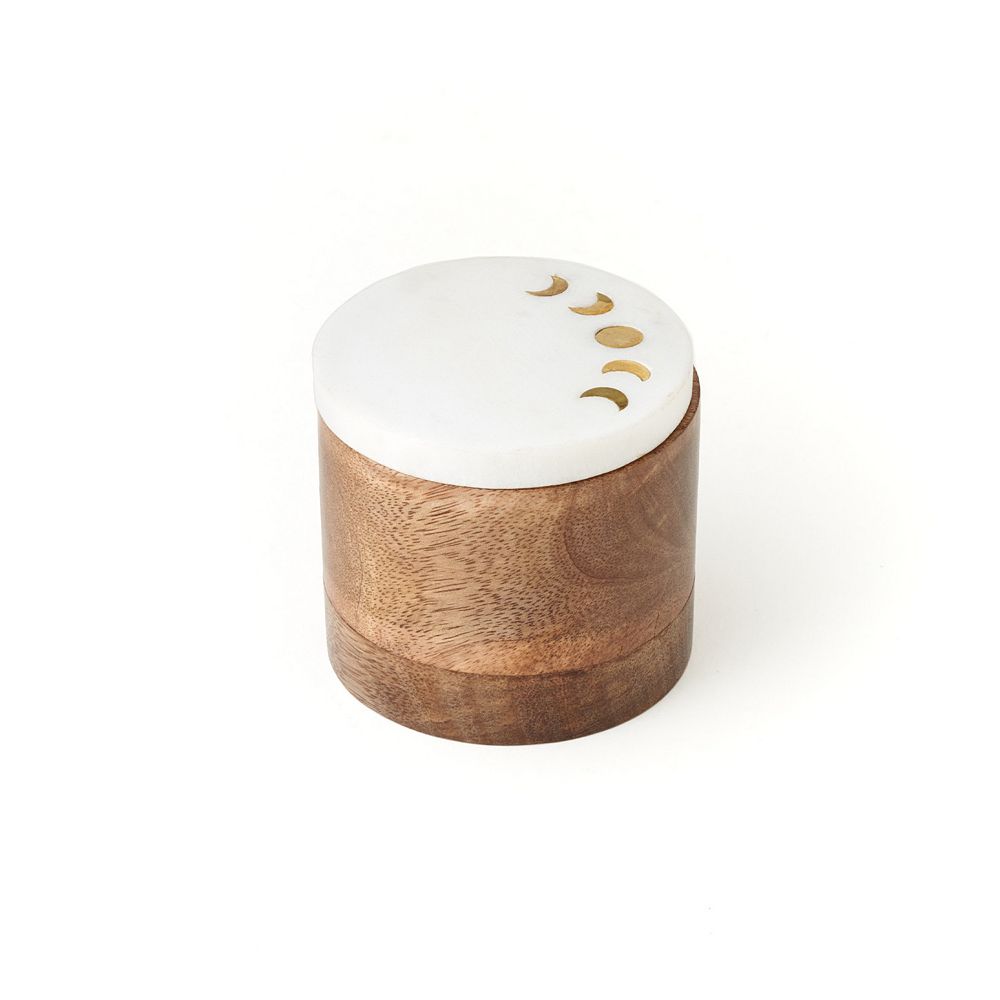 Indukala Moon Phase Round Keepsake Box - Wood, Marble, Brass