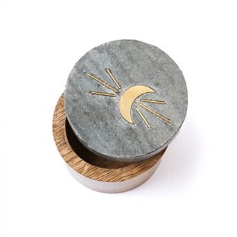 Indukala Moon Phase Round Keepsake Box - Black Marble, Wood, Brass