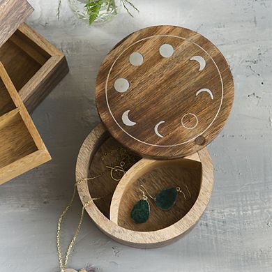 Indukala Moon Phase Round Pivot Box - Handcrafted Mango Wood