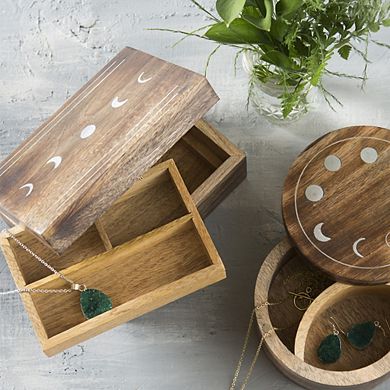 Indukala Moon Phase Jewelry Box With Tray - Wood Brass Inlay