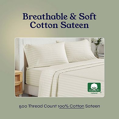 California Design Den Cooling 500 Thread Count Deep Pocket Striped Sheet Set - 100% Cotton Sateen