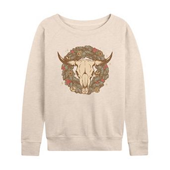 Women's Cow Skull Wreath French Terry Long Sleeve Christmas Graphic Tee