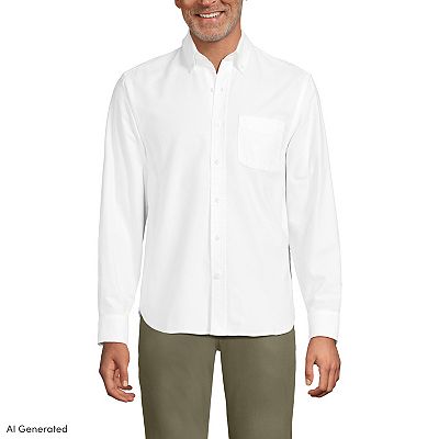 lands end mens white dress shirts Lands' End Shirt Mens Medium White Cotton Button Down Pocket Logo